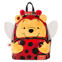 Loungefly Disney Winnie the Pooh Ladybug Cosplay Mini Backpack featuring Pooh Bear dressed as a ladybug with 3D antennae and bright red and black accents.