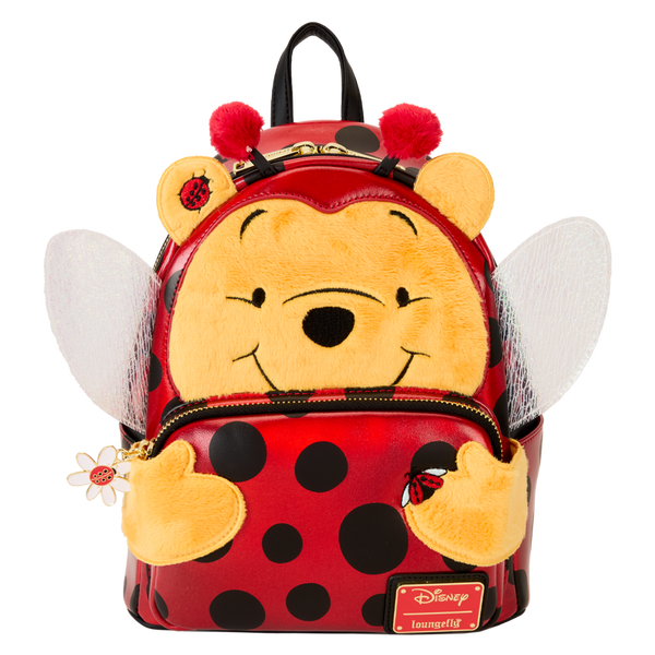 Loungefly Disney Winnie the Pooh Ladybug Cosplay Mini Backpack featuring Pooh Bear dressed as a ladybug with 3D antennae and bright red and black accents.