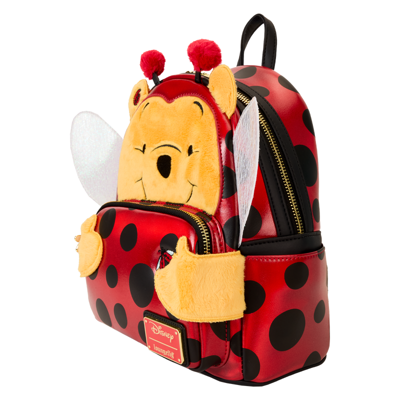 Charming Loungefly Disney Winnie the Pooh mini backpack, with Pooh as a ladybug, complete with adorable 3D details and a colorful, playful design.