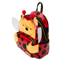 A whimsical Loungefly Disney Winnie the Pooh backpack showcasing Pooh Bear in a ladybug cosplay, with vibrant colors and fun 3D elements.