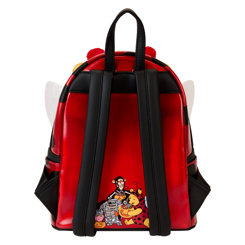 Loungefly Disney Winnie the Pooh Ladybug Cosplay Mini Backpack with a cute, animated design of Pooh as a ladybug, including black and red accents and adjustable straps.