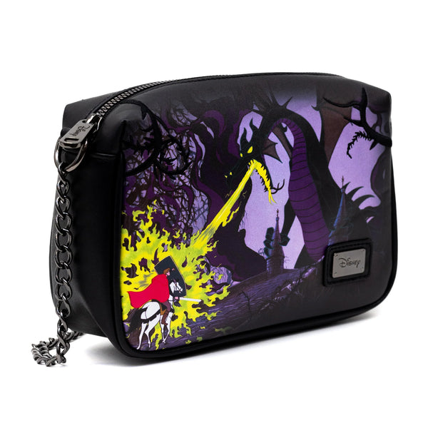 Disney Sleeping Beauty's Prince Phillip And Maleficent Dragon Scene With Princess Aurora And Castle Pose Crossbody