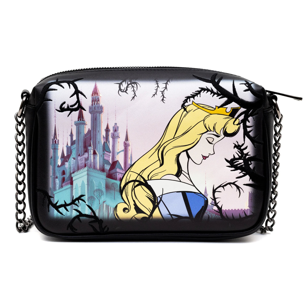 Disney Sleeping Beauty's Prince Phillip And Maleficent Dragon Scene With Princess Aurora And Castle Pose Crossbody