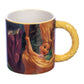 A 20 oz ceramic mug featuring a sculpted design of Rapunzel from the Disney movie 'Tangled' with a golden stream of hair, yellow background, and greenery in the background.