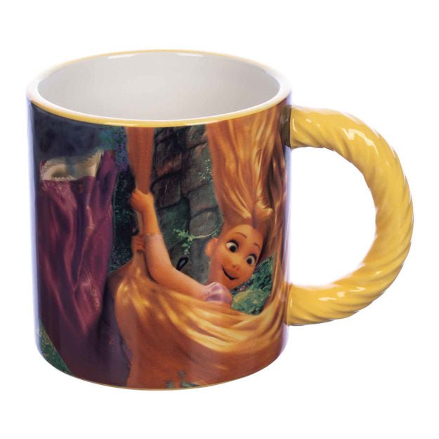 A 20 oz ceramic mug featuring a sculpted design of Rapunzel from the Disney movie 'Tangled' with a golden stream of hair, yellow background, and greenery in the background.
