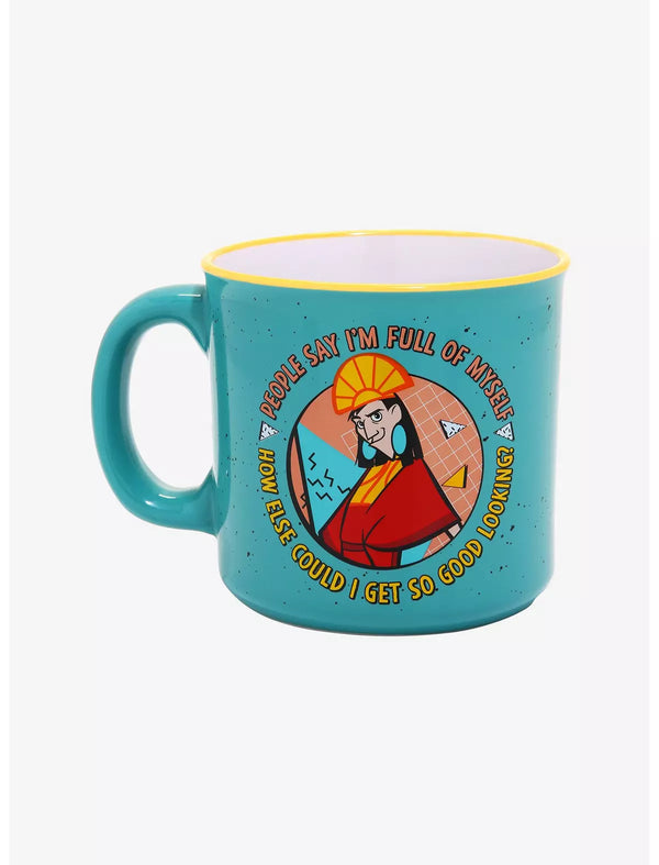 A ceramic mug with a colorful illustration of the character Kuzco from 'The Emperor's New Groove' with a humorous quote about Kuzco's ego.