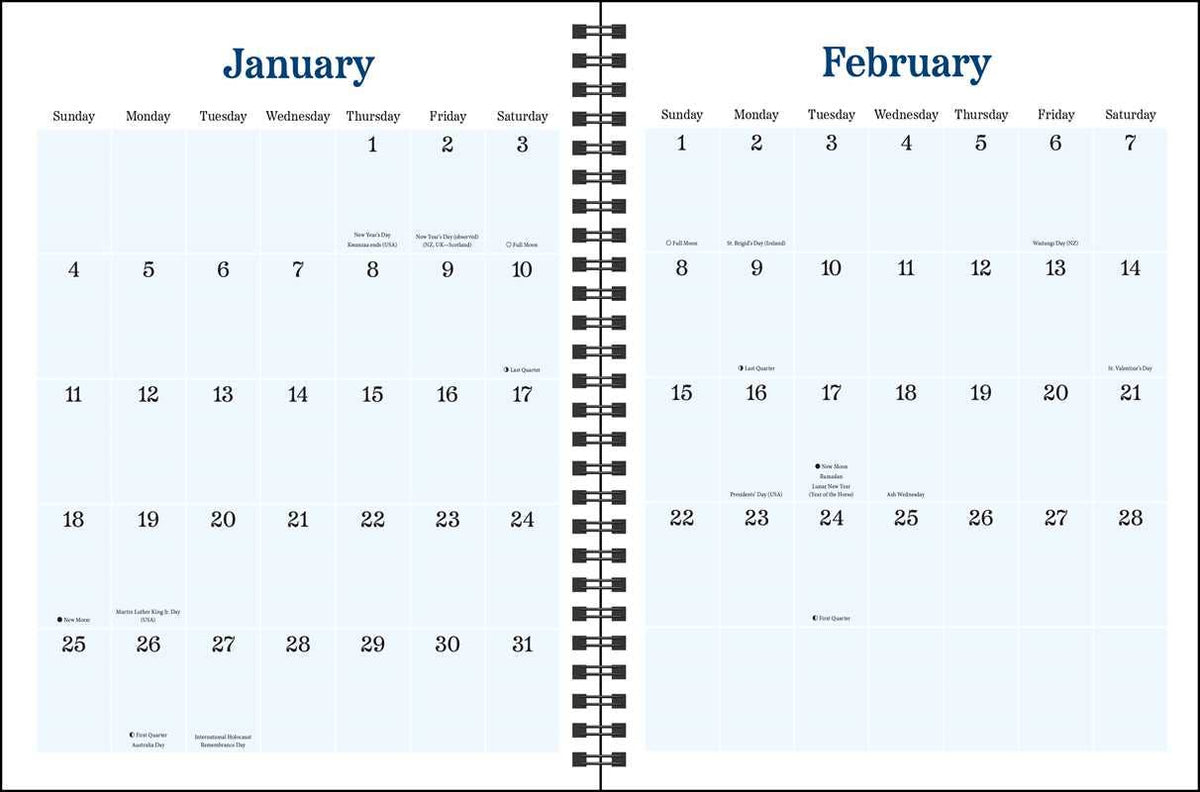 Calendar with January and February pages showing days of the month.