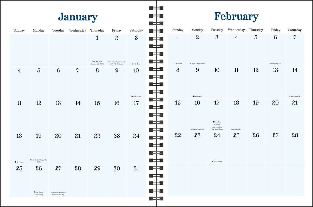 Calendar with January and February pages showing days of the month.
