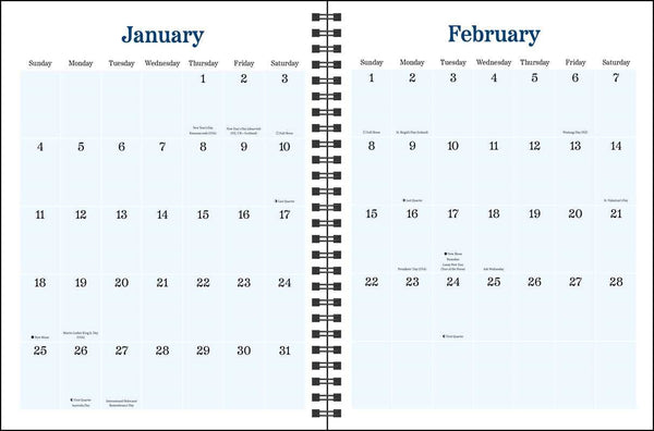 Calendar with January and February pages showing days of the month.