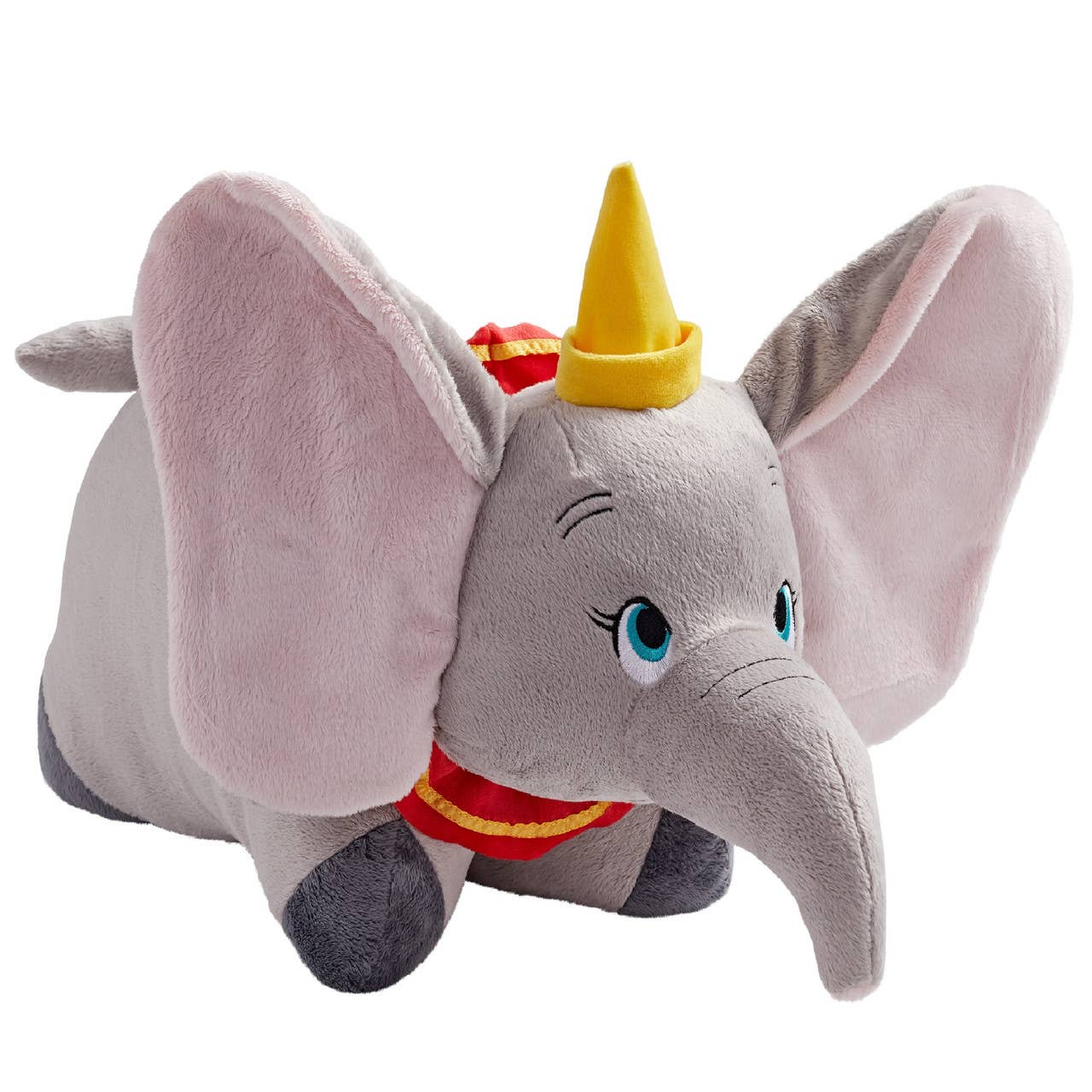 A plush toy resembling Dumbo the elephant with large ears, wearing a red and yellow outfit with a yellow hat, designed to be a pillow pet.
