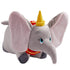 A plush toy resembling Dumbo the elephant with large ears, wearing a red and yellow outfit with a yellow hat, designed to be a pillow pet.