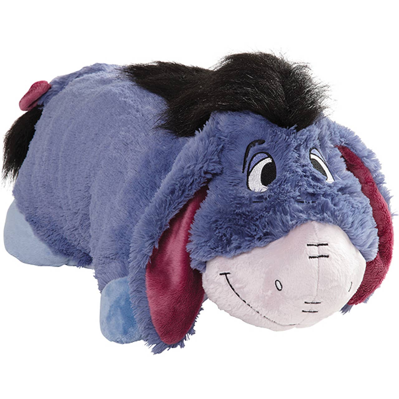 A plush Pillow Pet featuring Eeyore from Winnie the Pooh, in blue, with a sad expression, lying down.