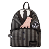 Close-up of Nevermore Academy cosplay mini backpack showing crest emblem and button details