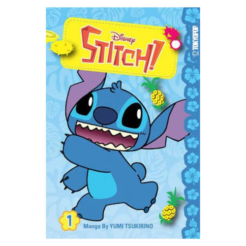 Disney Stitch book cover with blue background and pineapple