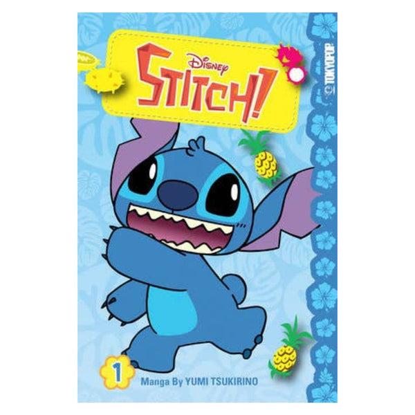 Disney Stitch book cover with blue background and pineapple