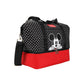 Black and red bag with a character design on a white background