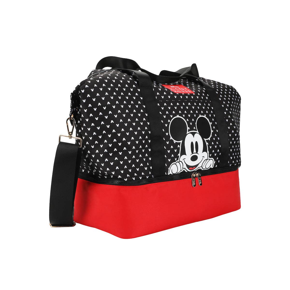 Black and red bag with a character design on a white background