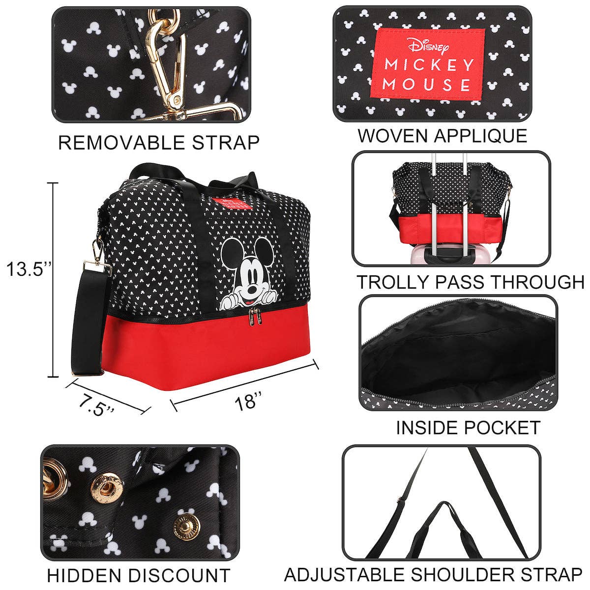 Product details of a Disney Mickey Mouse bag with features highlighted.
