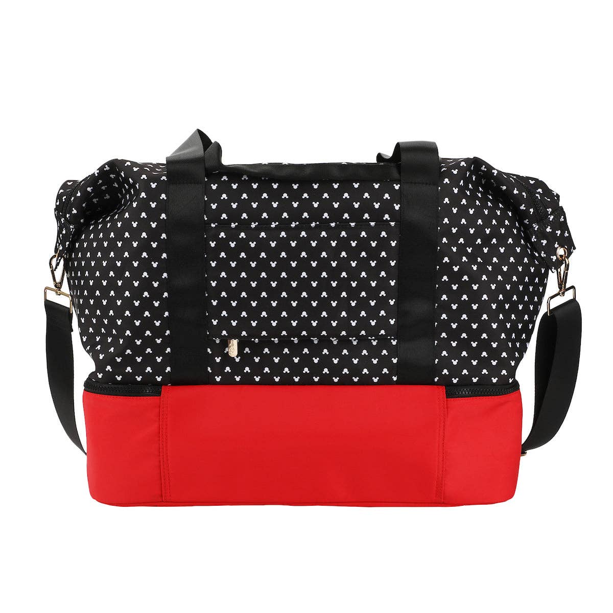 Black and white patterned bag with a red bottom section on a white background