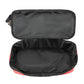 Black travel bag with red trim on a white background