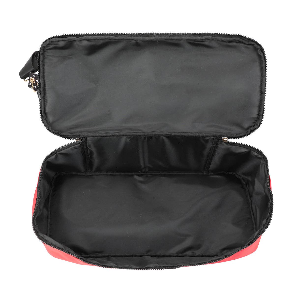Black travel bag with red trim on a white background