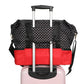 Black and red patterned travel bag with wheels on a white background