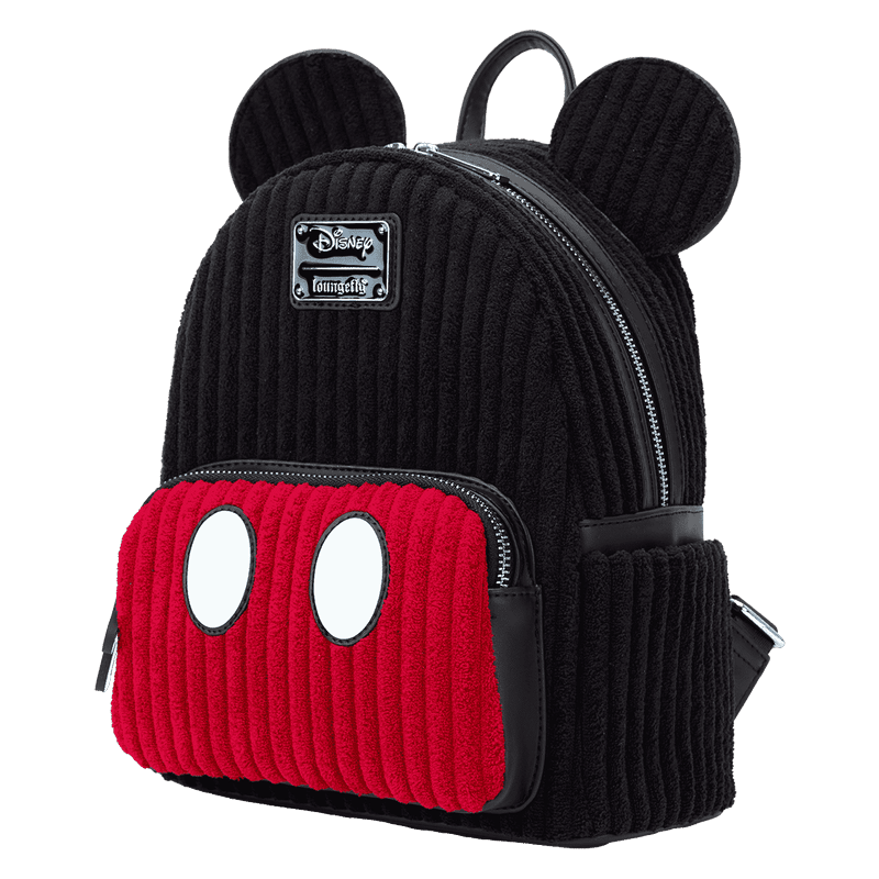 Exclusive Loungefly Mickey Mouse backpack featuring plush corduroy material and 3D character ears