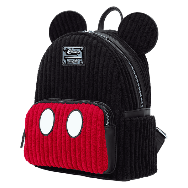 Exclusive Loungefly Mickey Mouse backpack featuring plush corduroy material and 3D character ears