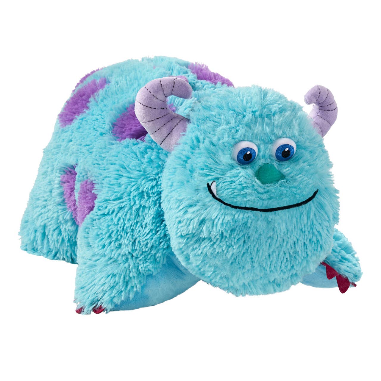 A plush Pillow Pet featuring Sulley from Disney's Monsters Inc, with shaggy turquoise fur, two small horns on his head, and a long tail.