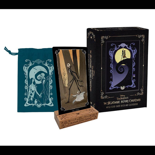 Set of cards and packaging from 'The Nightmare Before Christmas' with a decorative bag and stand.