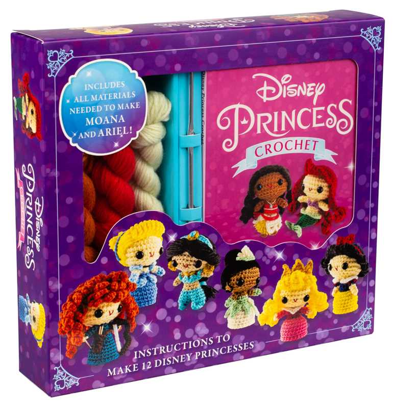 Disney Princess crochet kit packaging with dolls and yarn on a purple background