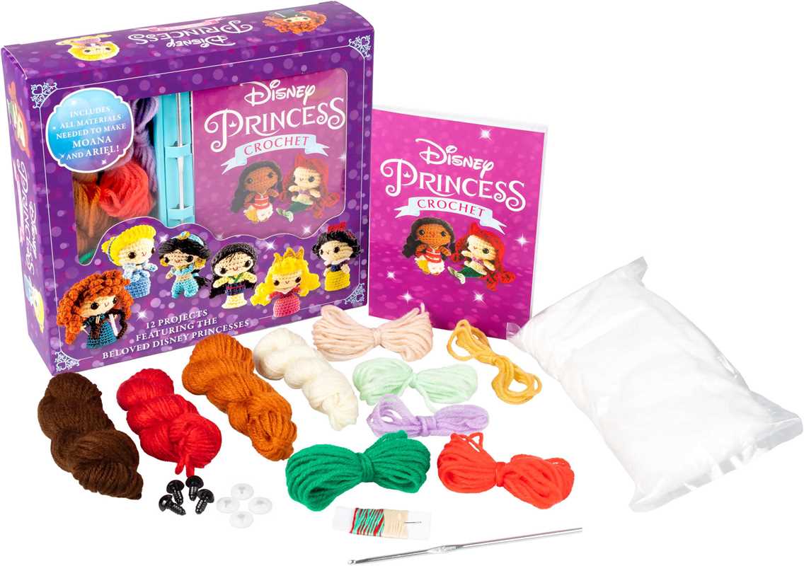Disney Princess crochet kit with yarn and tools on a white background
