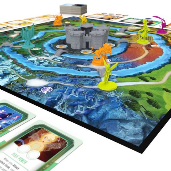 Board game with colorful pieces and a detailed map on a white background