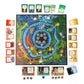 Board game set with a map and various cards on a white background