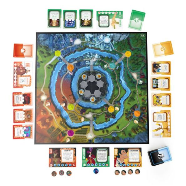 Board game set with a map and various cards on a white background