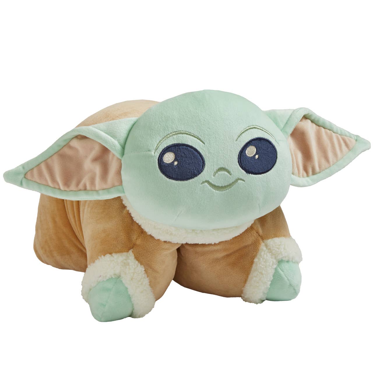 Plush toy resembling a character with large ears and blue eyes on a white background