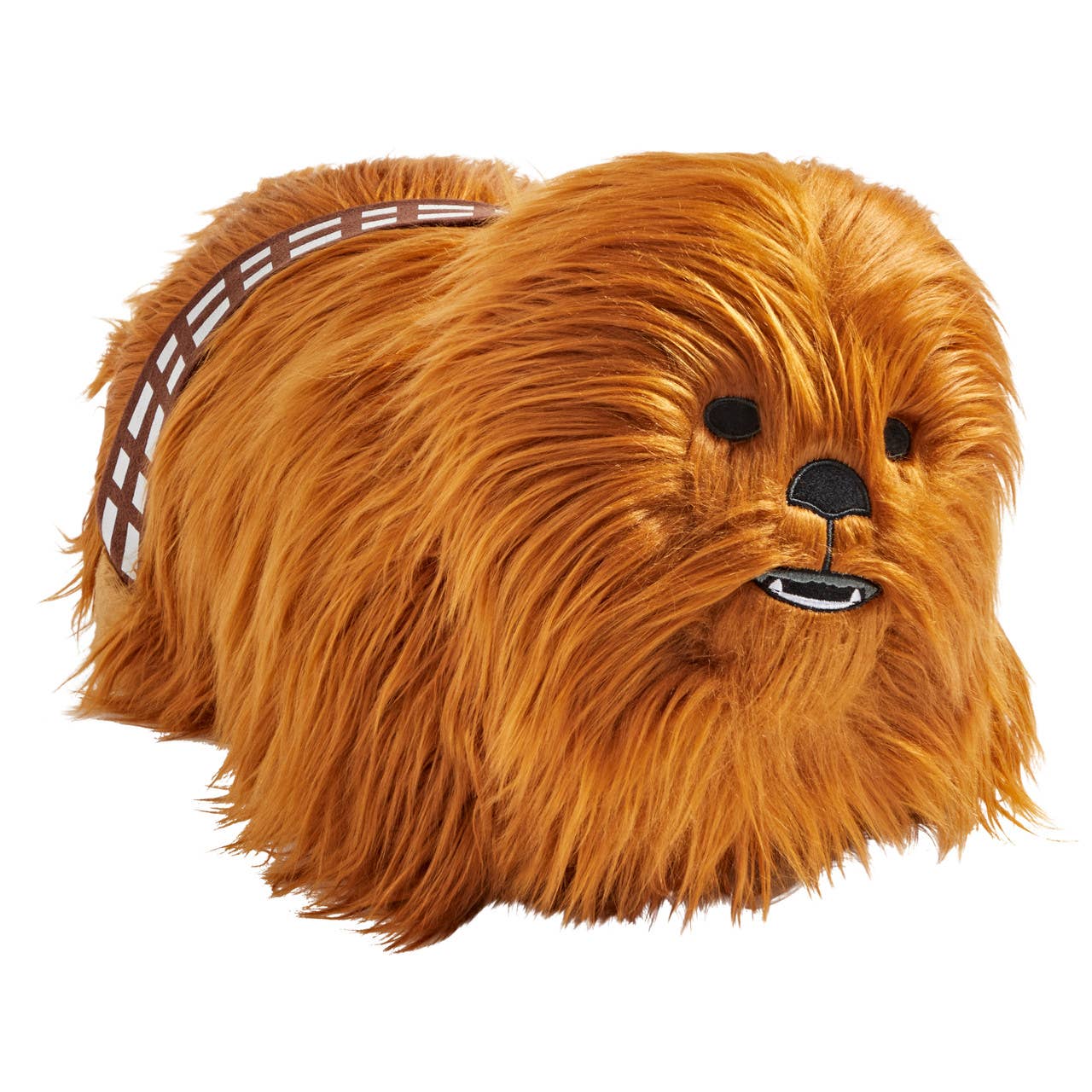 Plush toy resembling a character with brown fur and a belt on a white background