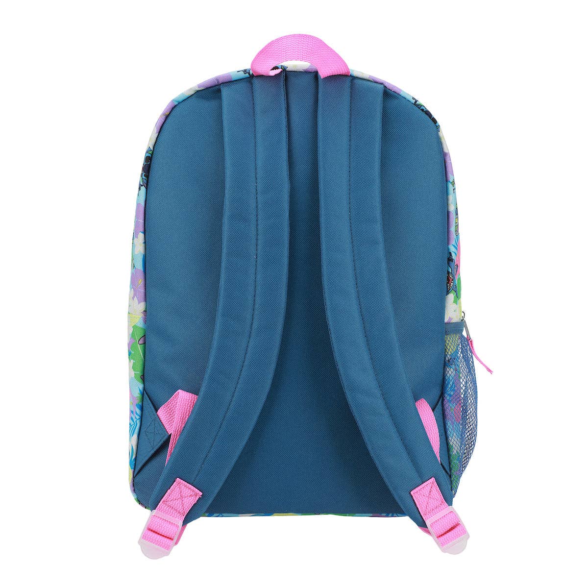 Blue backpack with floral straps on a white background