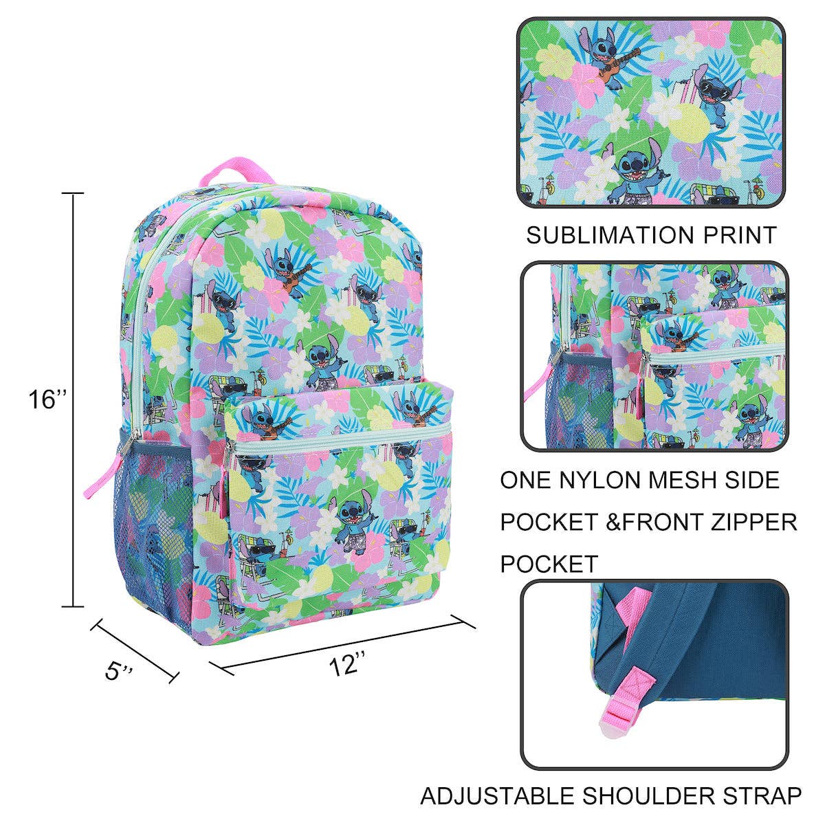 Colorful backpack with character print, dimensions, and feature details on a white background