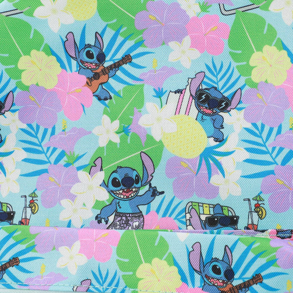 Fabric with cartoon character surrounded by flowers and leaves on a colorful background