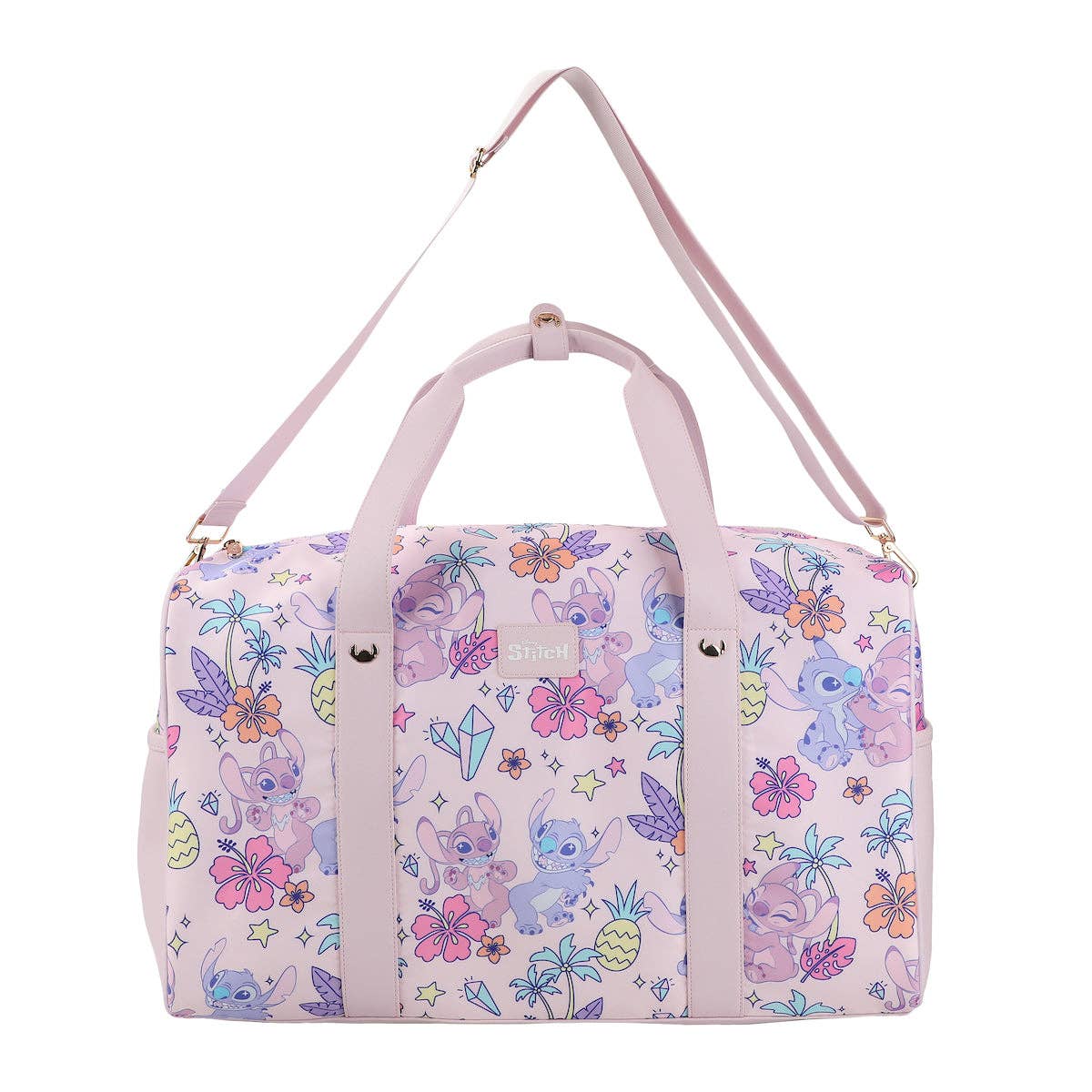 Pink duffel bag with cartoon animal and flower pattern on a white background