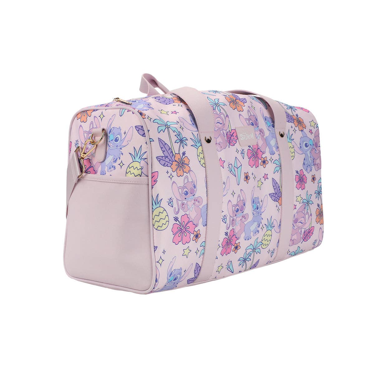 Pink duffel bag with colorful animal print on a white background