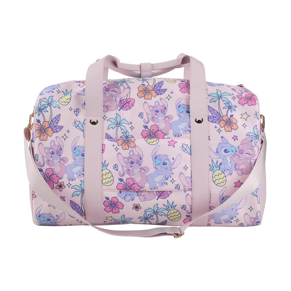 Pink duffel bag with cartoon character and floral pattern on a white background