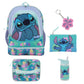 Set of Disney Stitch-themed backpack, pouch, water bottle, and keychain on a white background