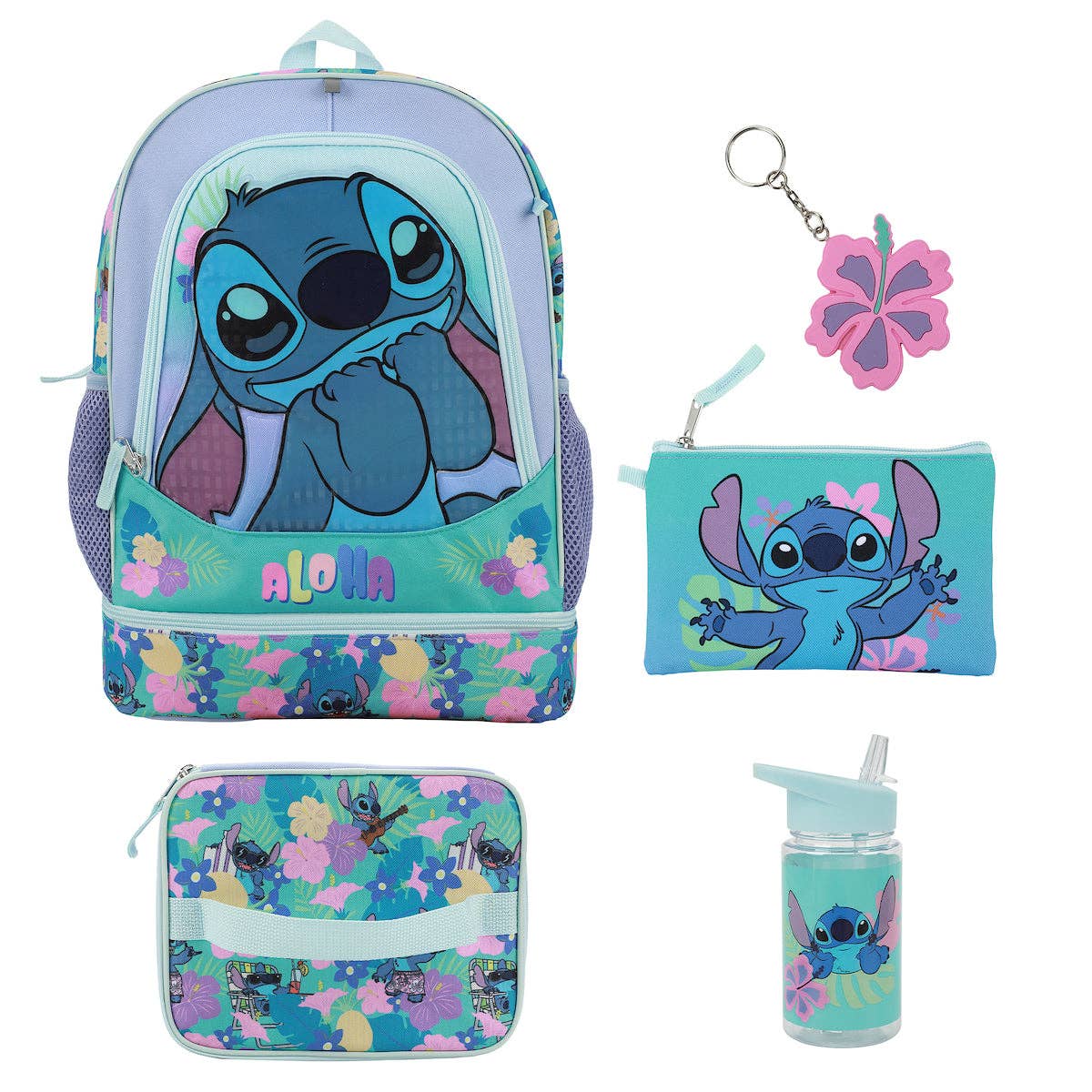 Set of Disney Stitch-themed backpack, pouch, water bottle, and keychain on a white background