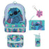 Set of Disney Stitch-themed backpack, pouch, water bottle, and keychain on a white background