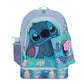A Disney Lilo & Stitch themed backpack set featuring Stitch on the front, a matching zippered lunch bag, and a mesh side water bottle, all in a bright turquoise, blue, and pink floral design.