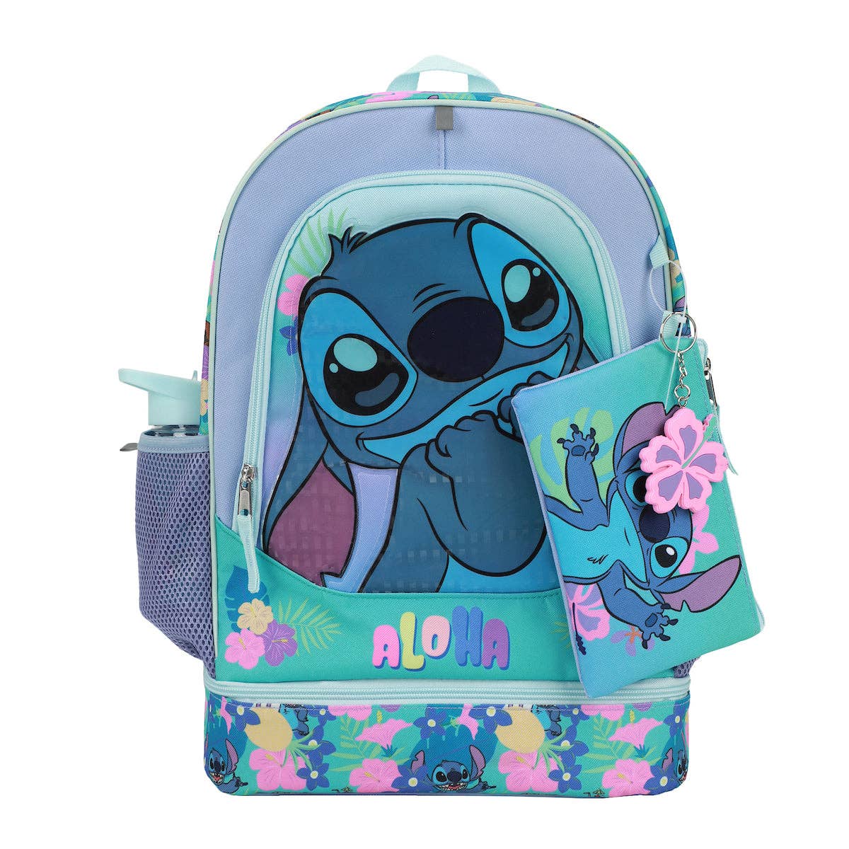 A Disney Lilo & Stitch themed backpack set featuring Stitch on the front, a matching zippered lunch bag, and a mesh side water bottle, all in a bright turquoise, blue, and pink floral design.
