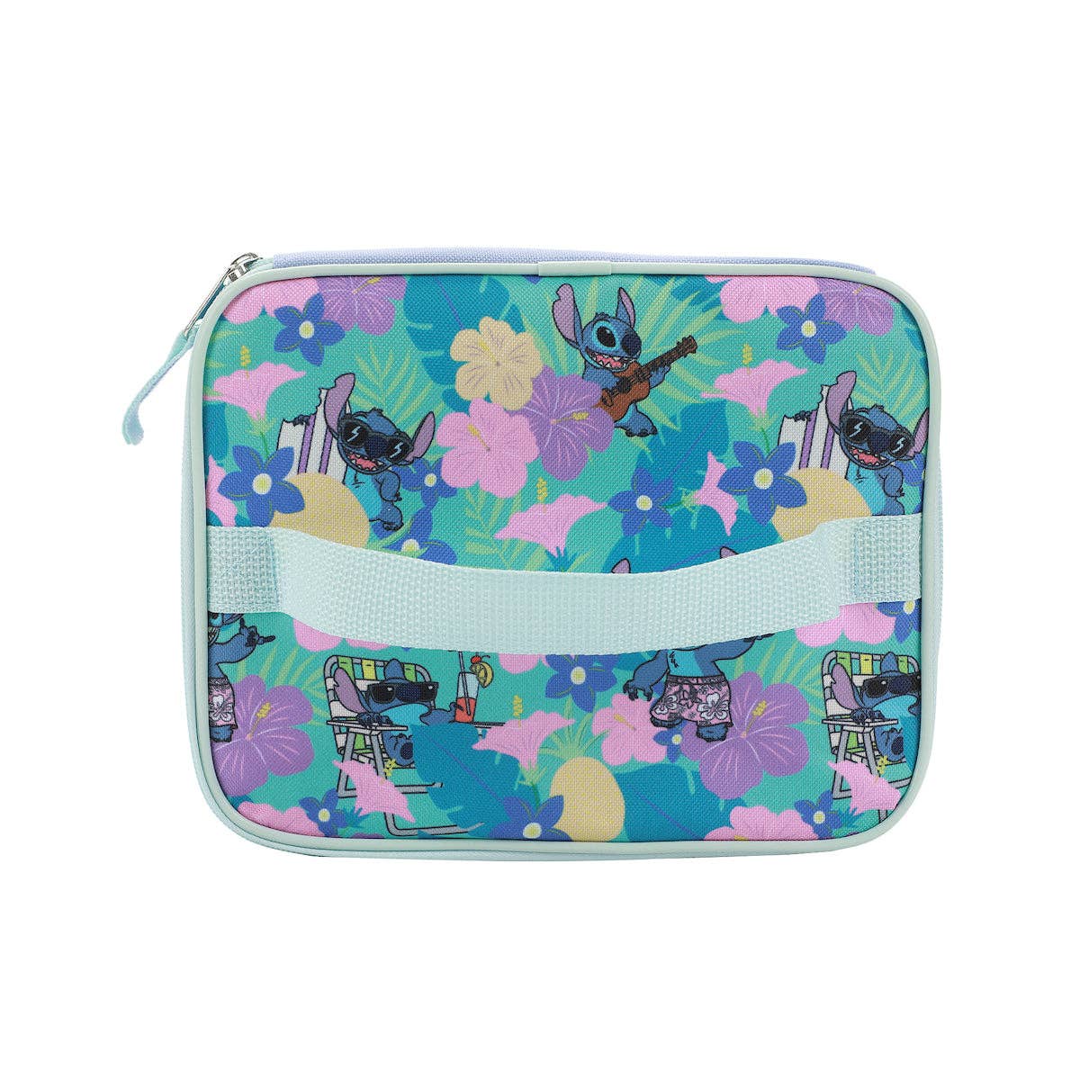 Colorful pouch with cartoon characters and floral patterns on a white background