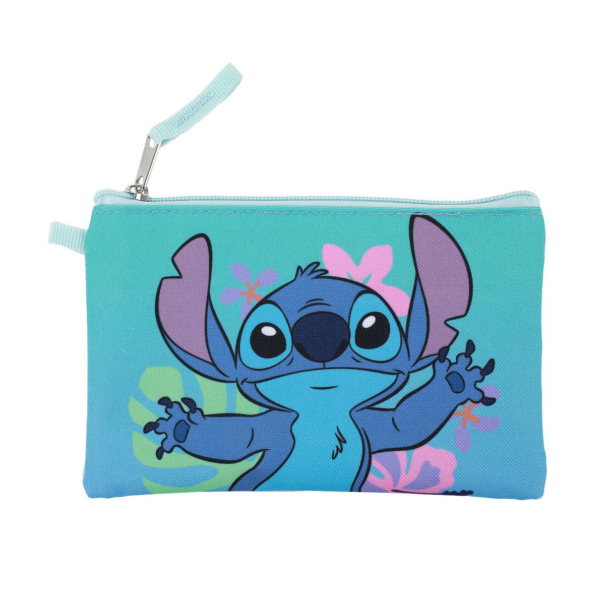 A light blue zippered pouch featuring a cartoon print of Stitch with pink flowers and colorful tropical accents, shown on a plain white background.